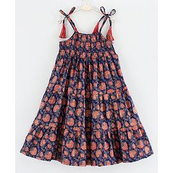Babyhug Sleeveless Tiered Ethnic Dress Floral Print - Navy Blue