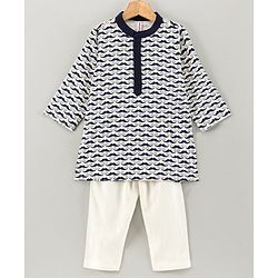 Babyhug Full Sleeves Kurta & Pyjama Moustache Print - White Navy Blue