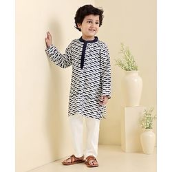 Babyhug Full Sleeves Kurta & Pyjama Moustache Print - White Navy Blue