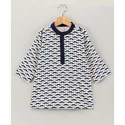 Babyhug Full Sleeves Kurta & Pyjama Moustache Print - White Navy Blue