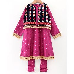 Babyhug 3/4th Sleeves Printed Kurti and Chudidar Set with Embroidered Jacket - Magenta