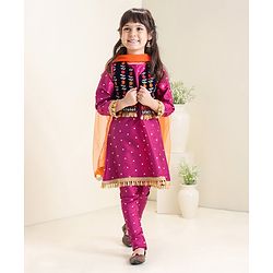 Babyhug 3/4th Sleeves Printed Kurti and Chudidar Set with Embroidered Jacket - Magenta