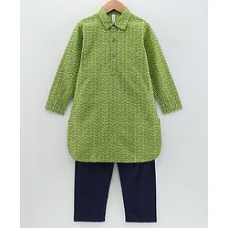 Babyhug Full Sleeves Printed Kurta & Pyjama Set - Green Blue