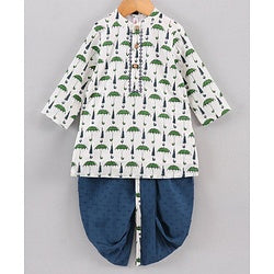 Babyhug Full Sleeves Kurta and Dhoti Pants Set Umbrella Print - White Blue