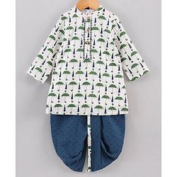 Babyhug Full Sleeves Kurta and Dhoti Pants Set Umbrella Print - White Blue