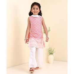 Babyhug Sleeveless Kurti & Palazzo With Dupatta Floral Embroidery - Light Peach White
