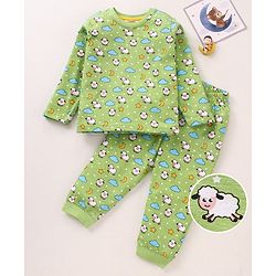 Babyhug Cotton Knit Full Sleeves Night Suit Sheep Print - Green