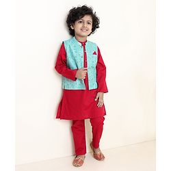 Babyhug Full Sleeves Solid Kurta and Payjama with Printed Waistcoat - Maroon
