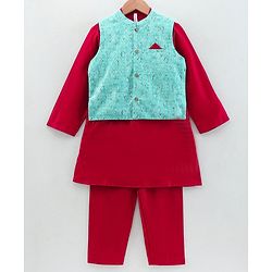 Babyhug Full Sleeves Solid Kurta and Payjama with Printed Waistcoat - Maroon