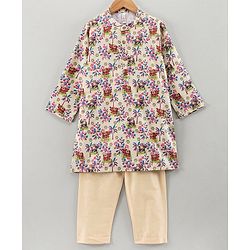 Babyhug Full Sleeves Printed Kurta Pyjama Set - Cream