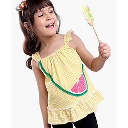 Babyhug Singlet Sleeves Top Checks Print with Sling Bag Applique - Yellow