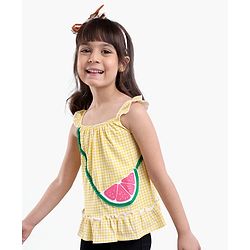 Babyhug Singlet Sleeves Top Checks Print with Sling Bag Applique - Yellow