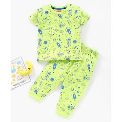 Babyhug Half Sleeves Nightwear Pajama Set Rockets Print - Green
