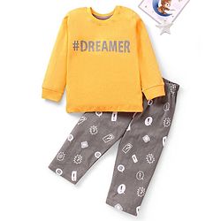 Babyhug Cotton Knit Full Sleeves Night Suit Text Print - Yellow Grey
