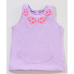 Babyhug Sleeveless Cotton T-Shirt With Foral Embroidery And Front Pockets - Purple