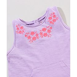 Babyhug Sleeveless Cotton T-Shirt With Foral Embroidery And Front Pockets - Purple