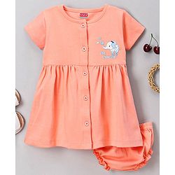 Babyhug 100% Cotton Half Sleeves Frock with Bloomer Elephant Print - Peach
