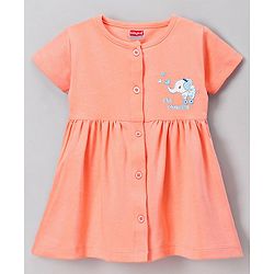 Babyhug 100% Cotton Half Sleeves Frock with Bloomer Elephant Print - Peach