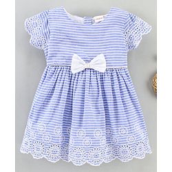 Babyhug 100% Cotton Half Sleeves Striped Frock with Schiffli Embroidery - Blue