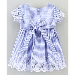 Babyhug 100% Cotton Half Sleeves Striped Frock with Schiffli Embroidery - Blue