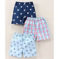 Babyhug Knee Length Cotton Boxer Check Star And Camping Print Pack Of 3 - Blue White Red