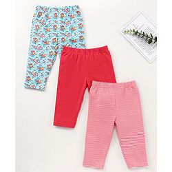Babyhug Three Fourth Length Cotton Lycra Leggings Floral And Stripe Print Pack Of 3 - Red Blue Pink