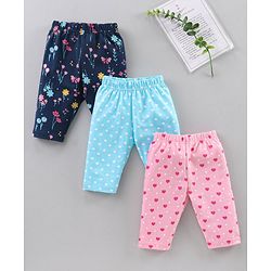 Babyhug Three Fourth Length Cotton Lycra Leggings Dot Floral And Heart Print Pack Of 3 - Blue Pink