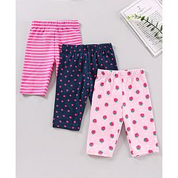 Babyhug Three Fourth Length Lycra Leggings Polka Dots And Stripes Print Pack Of 3 - Blue Pink