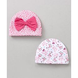 Babyhug 100 % Cotton Caps Animal print & Bow Applique - Pink & White