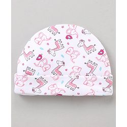 Babyhug 100 % Cotton Caps Animal print & Bow Applique - Pink & White