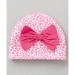 Babyhug 100 % Cotton Caps Animal print & Bow Applique - Pink & White