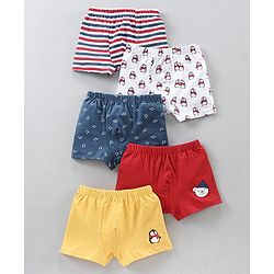 Babyhug 100% Cotton Briefs Musical Note Teddy Bear Penguin And Stripe Print Pack Of 5 - Blue Yellow Red White