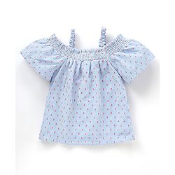 Babyhug Half Sleeves Cotton Yarn Dyed Dobby Off Shoulder Striped Woven Top - White & Blue