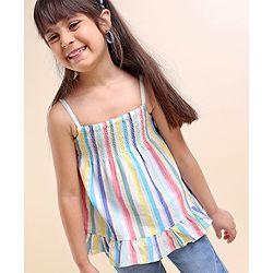 Babyhug Singlet Striped Cotton Lurex Top With Smocking And Frill Detailing-Multicolor