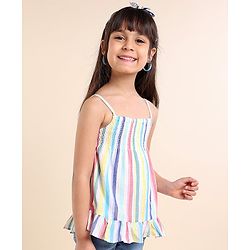 Babyhug Singlet Striped Cotton Lurex Top With Smocking And Frill Detailing-Multicolor