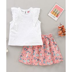 Babyhug Short Sleeves Top & Skirt Set Floral Print - White Peach