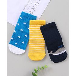 Cute Walk by Babyhug Ankle Length Antibacterial Socks Star Stripe And Whale Design Pack Of 3 - Blue Yellow