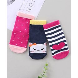 Cute Walk by Babyhug Ankle Length Antibacterial Socks Dot Stripe Cat Design Pack Of 3 - Blue Pink White