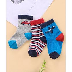 Cute Walk by Babyhug Ankle Length Antibacterial Socks Car Aeroplane And Stripe Design Pack Of 3 - Blue Red Grey