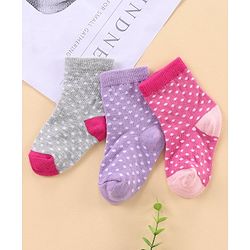 Cute Walk by Babyhug Ankle Length Antibacterial Socks Polka Dot Design Pack Of 3 - Pink Grey Violet