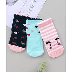 Cute Walk by Babyhug Ankle Length Antibacterial Socks Floral Dot And Stripe Design Pack Of 3 - Pink Blue
