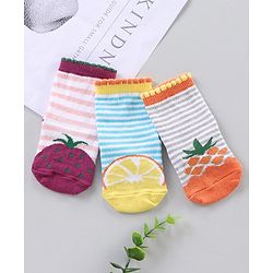Cute Walk by Babyhug Ankle Length Antibacterial Socks Stripes And Fruit Design Pack Of 3 - Multicolor