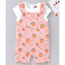 Babyhug Cotton Short Sleeves T-Shirt With Dungaree Orange Print- White Peach