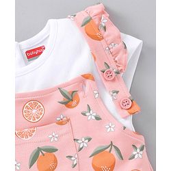 Babyhug Cotton Short Sleeves T-Shirt With Dungaree Orange Print- White Peach