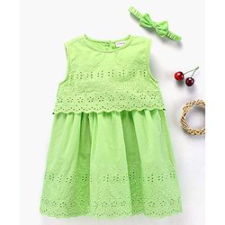 Babyhug Sleeveless Frock With Headband Schiffli Design - Green