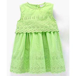 Babyhug Sleeveless Frock With Headband Schiffli Design - Green