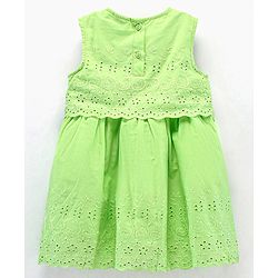 Babyhug Sleeveless Frock With Headband Schiffli Design - Green