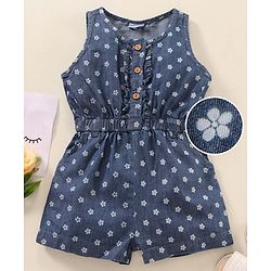 Babyhug Sleeveless Denim Jumpsuit Floral Print- Blue