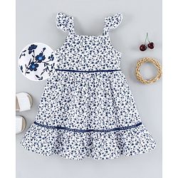 Babyhug Flutter Sleeves Tiered Frock Floral Print - White Blue
