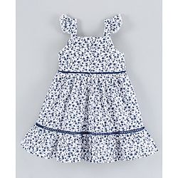 Babyhug Flutter Sleeves Tiered Frock Floral Print - White Blue